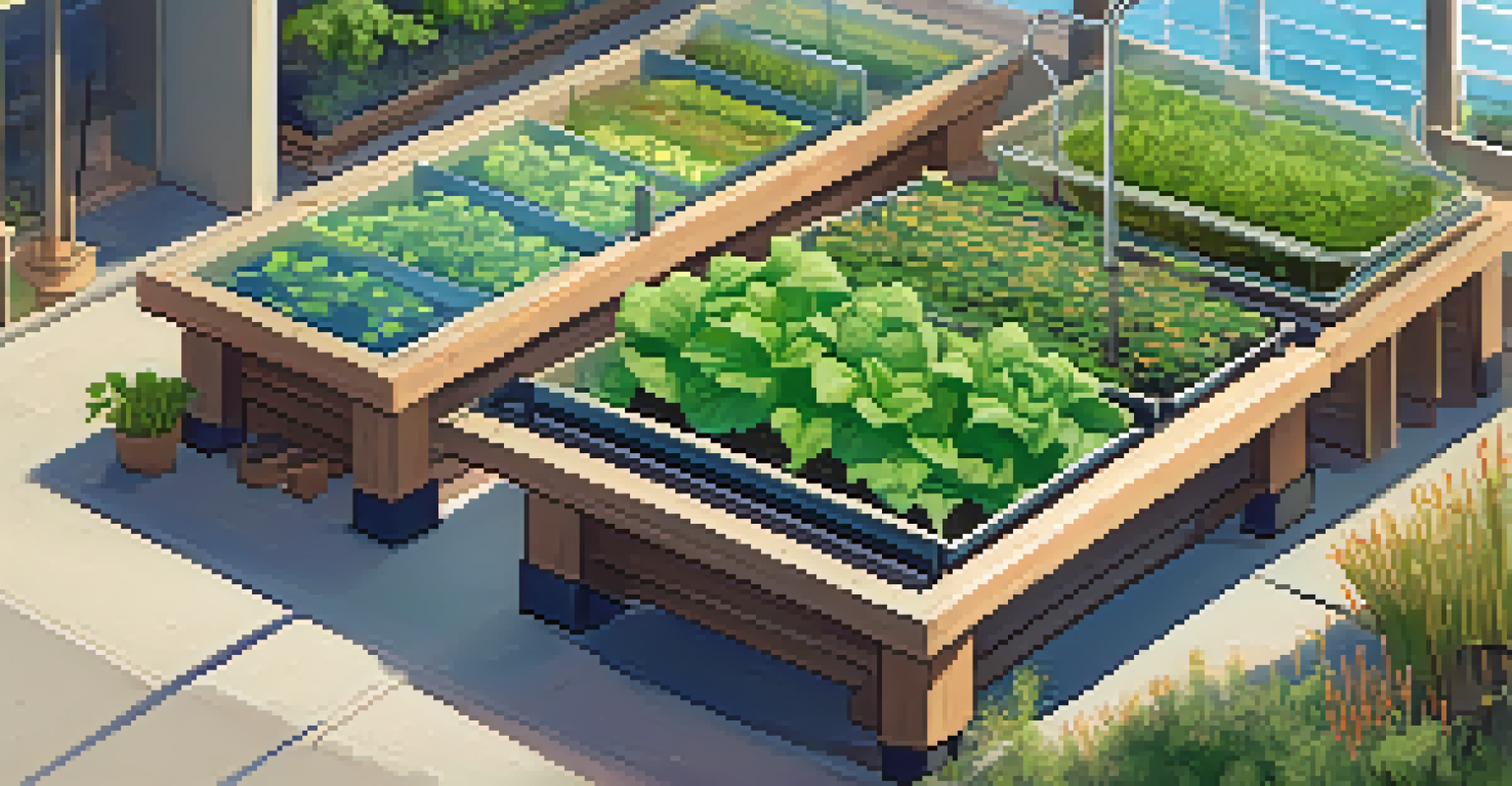 A backyard aquaponics garden with vertical plant towers and fish tanks, illuminated by warm golden hour light, creating a serene atmosphere.