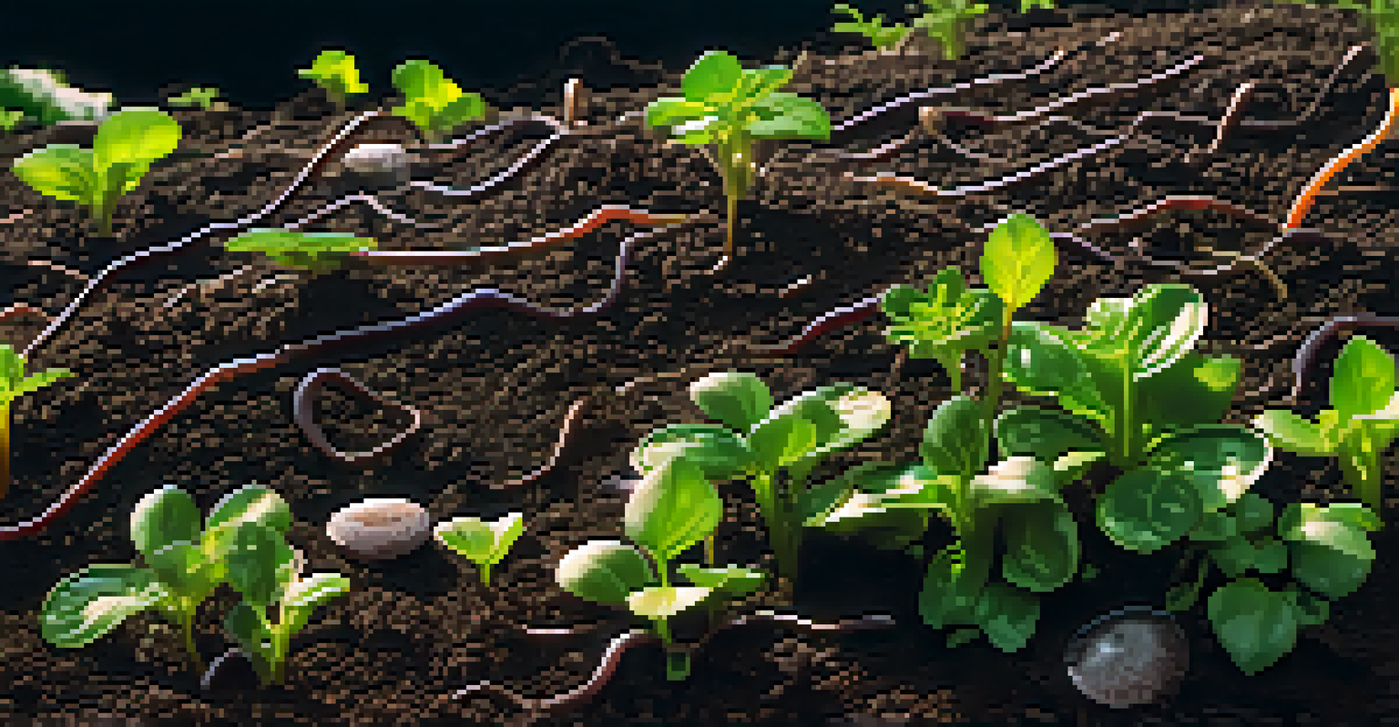 Close-up of rich, dark brown soil with earthworms and thriving green plants, emphasizing the importance of soil health.