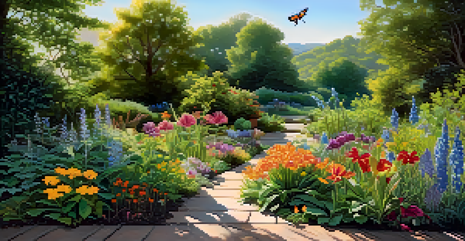 A diverse garden of medicinal plants with colorful flowers and lush greenery, illuminated by soft sunlight with pollinators present.