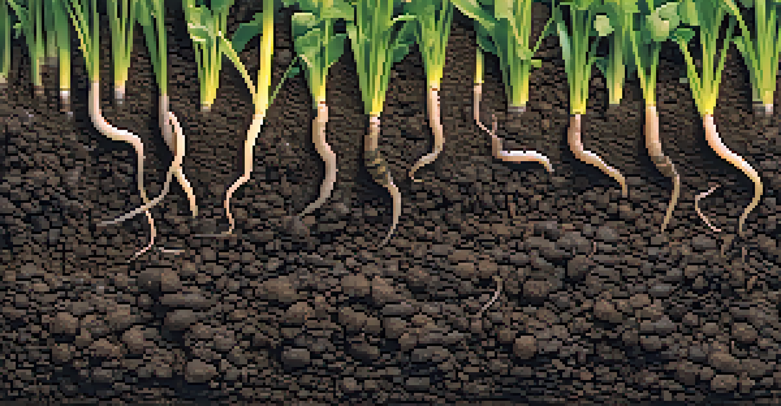 Close-up of healthy, rich soil enriched with decomposing cover crops, visible earthworms, and roots from clover plants under soft natural light.