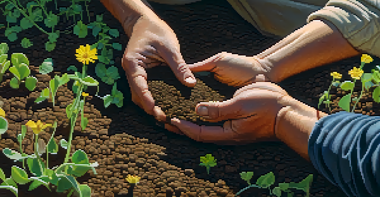 A close-up of hands planting seeds in soil, surrounded by green sprouts and flowers, with sunlight shining.