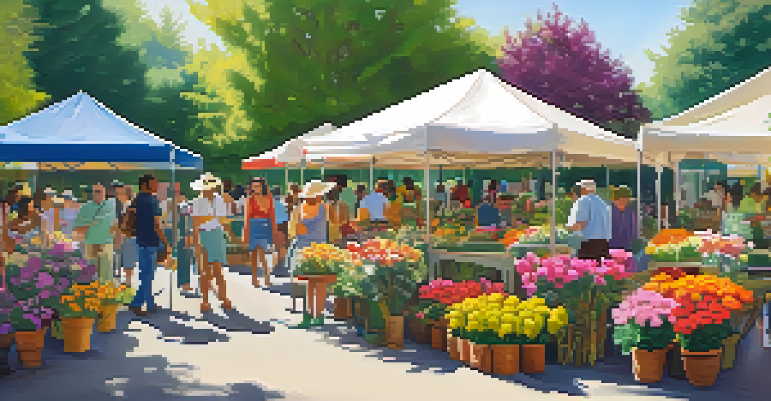 A lively garden festival with colorful flower stalls and diverse people chatting under trees.