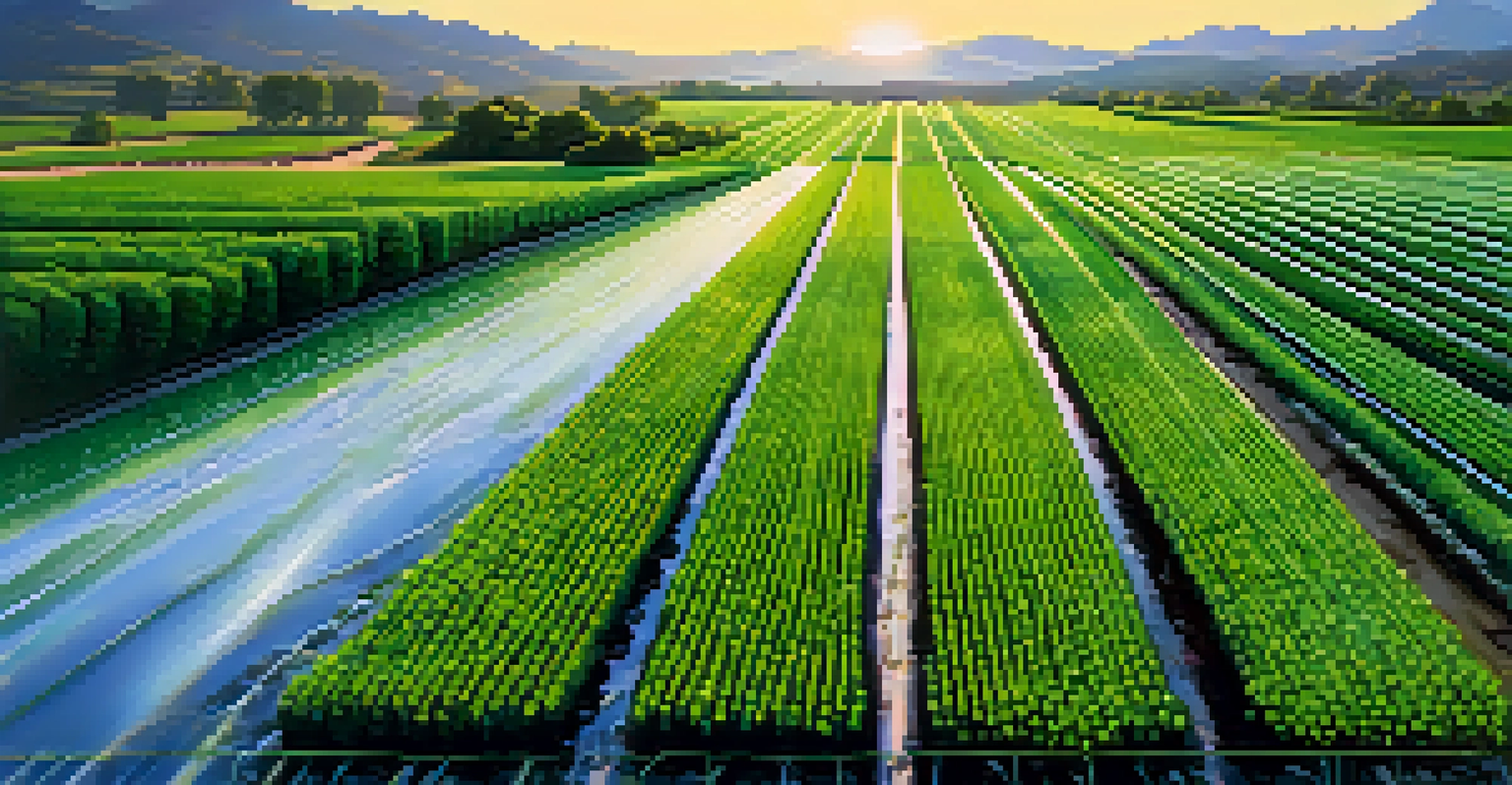 A sustainable textile farm with drip irrigation lines and green plants, illuminated by sunlight with distant hills in the background.