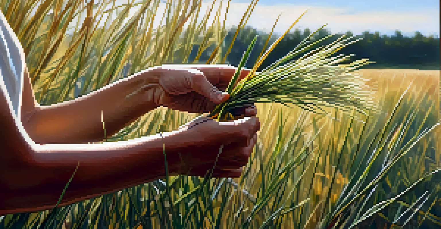 A close-up of a hand harvesting sweetgrass with sunlight filtering through trees in a natural setting.