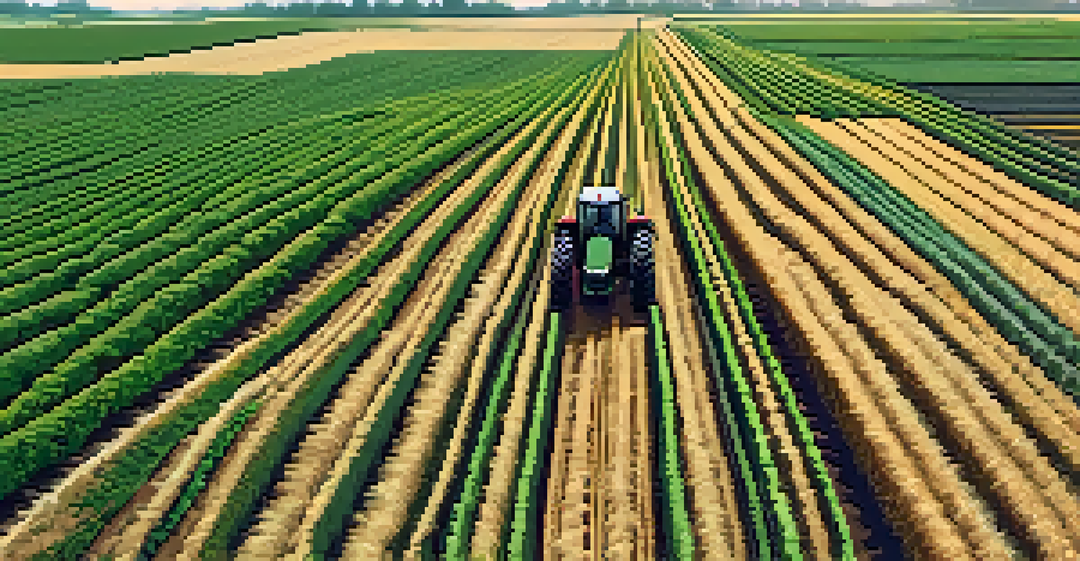 An aerial view of a farm with different crops planted in distinct sections, showcasing a planned crop rotation.