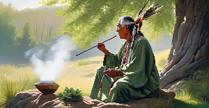 An elder performing a smudging ritual with sage in a forest setting, with soft sunlight and swirling smoke.