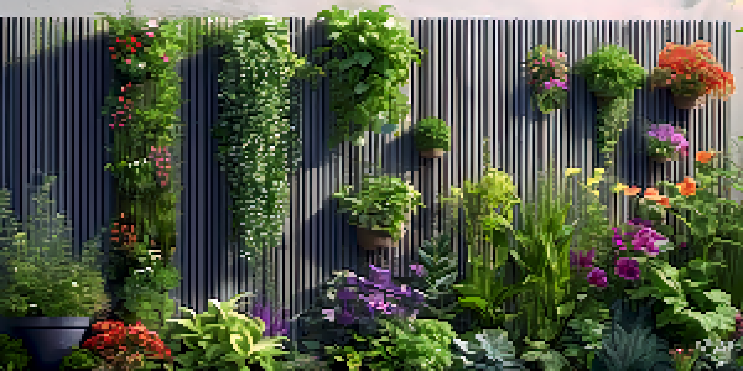 A colorful vertical garden with various plants, wall-mounted pockets, and morning sunlight filtering through the leaves.