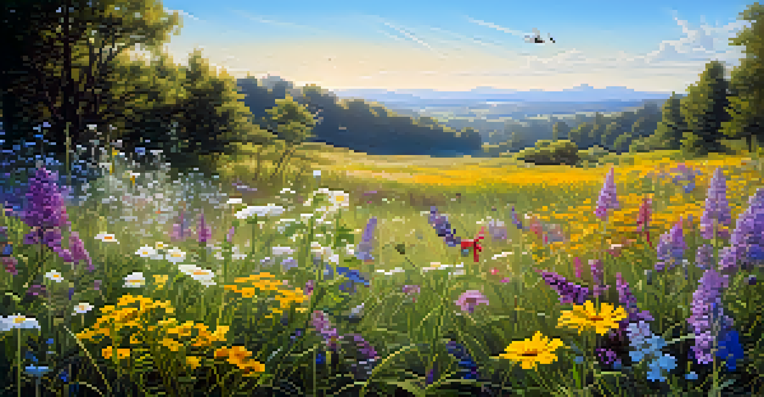 A peaceful meadow filled with colorful wildflowers attracting bees and butterflies under a clear blue sky.