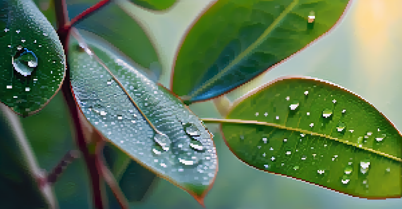Close-up of eucalyptus leaves with dew drops, showcasing their vibrant green color and textures.