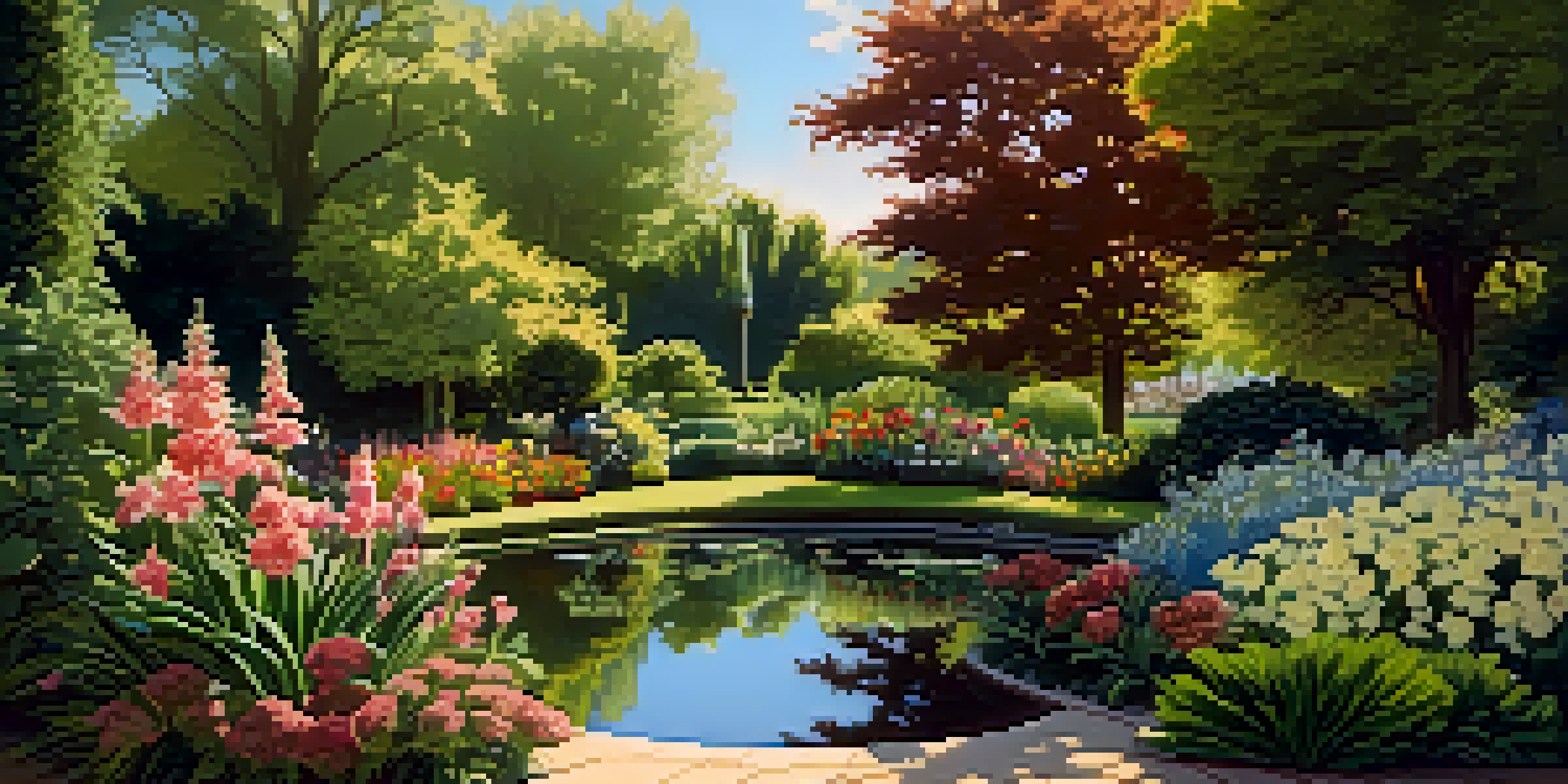 A vibrant garden showcasing different microclimates with a sunlit wall, a reflective pond, and colorful flowers surrounded by lush greenery.