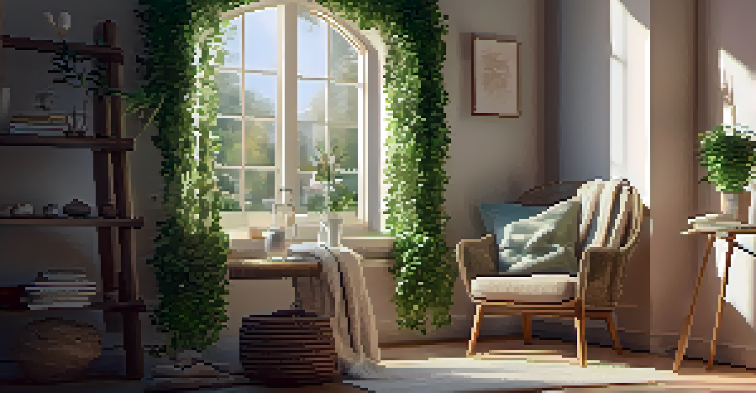 A cozy reading nook with trailing ivy in a hanging planter, a comfortable chair, and a side table with a cup of tea, basking in warm sunlight.