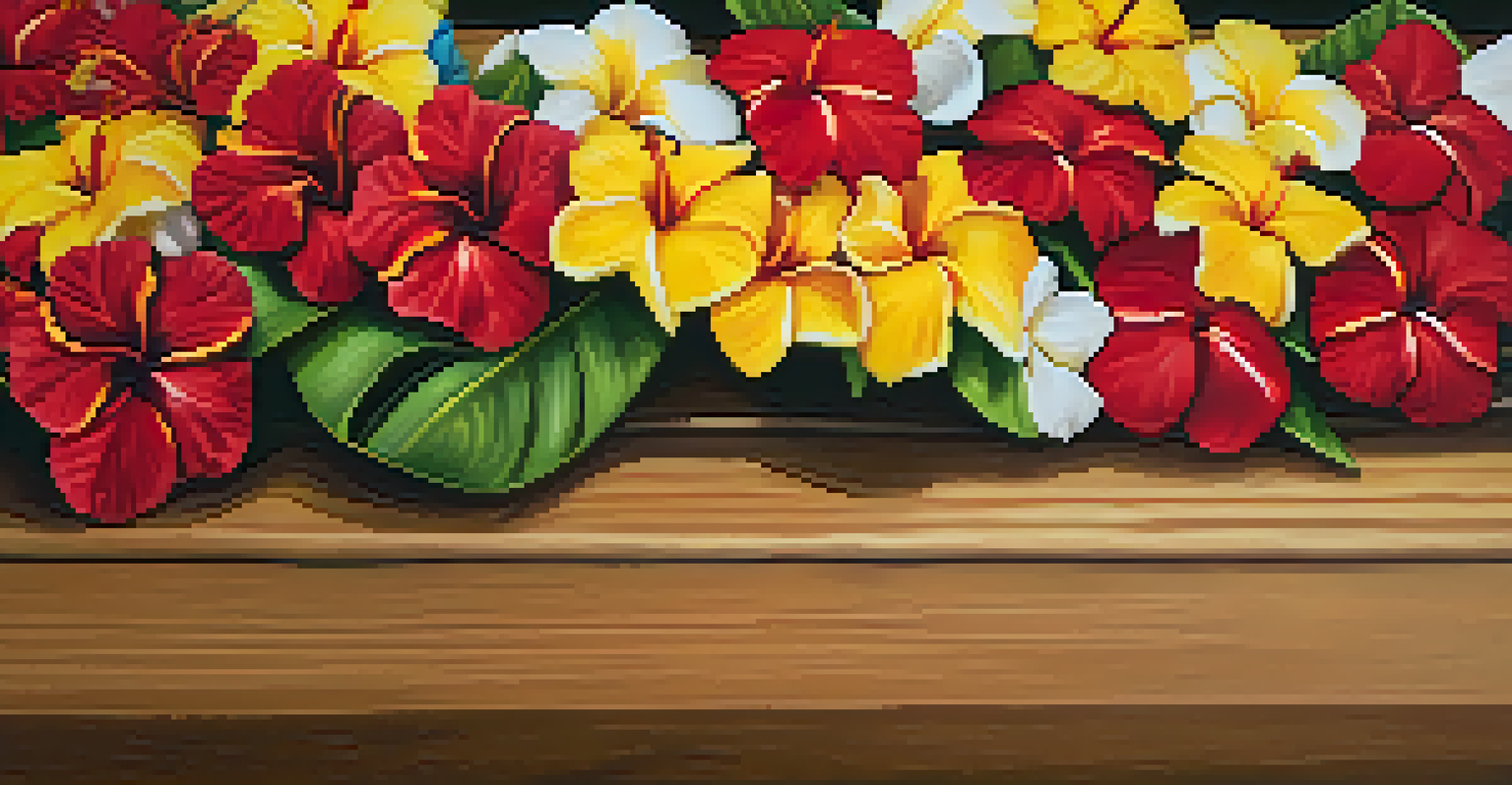 A close-up of a colorful Hawaiian lei made from hibiscus and plumeria flowers, with blurred participants in a hula workshop in the background.
