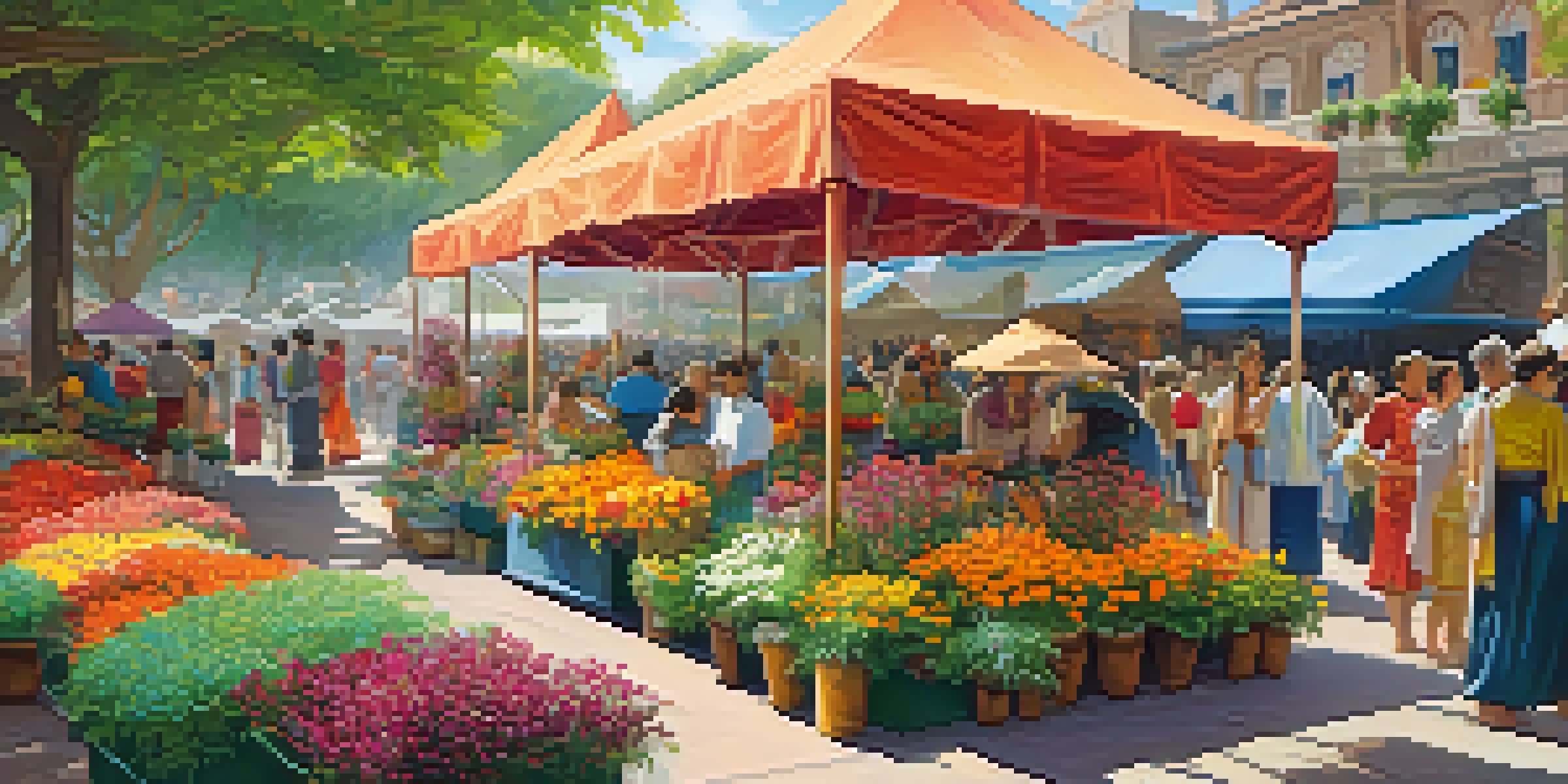 A lively plant festival with colorful herbs and flowers, people engaging in workshops and rituals under a sunny sky.