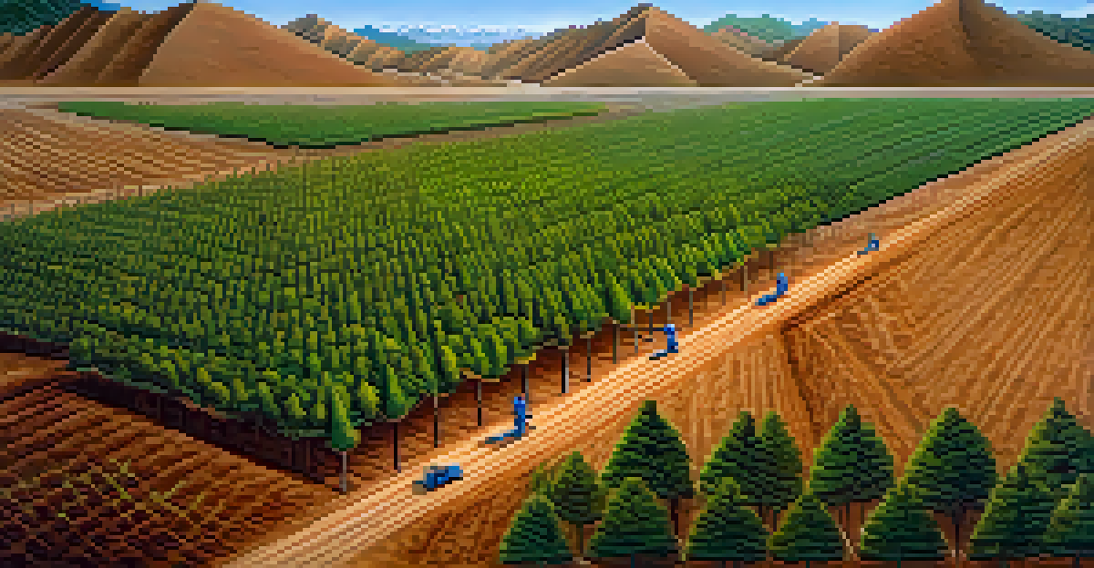An aerial view of a reforestation project with workers planting young trees in a deforested area.