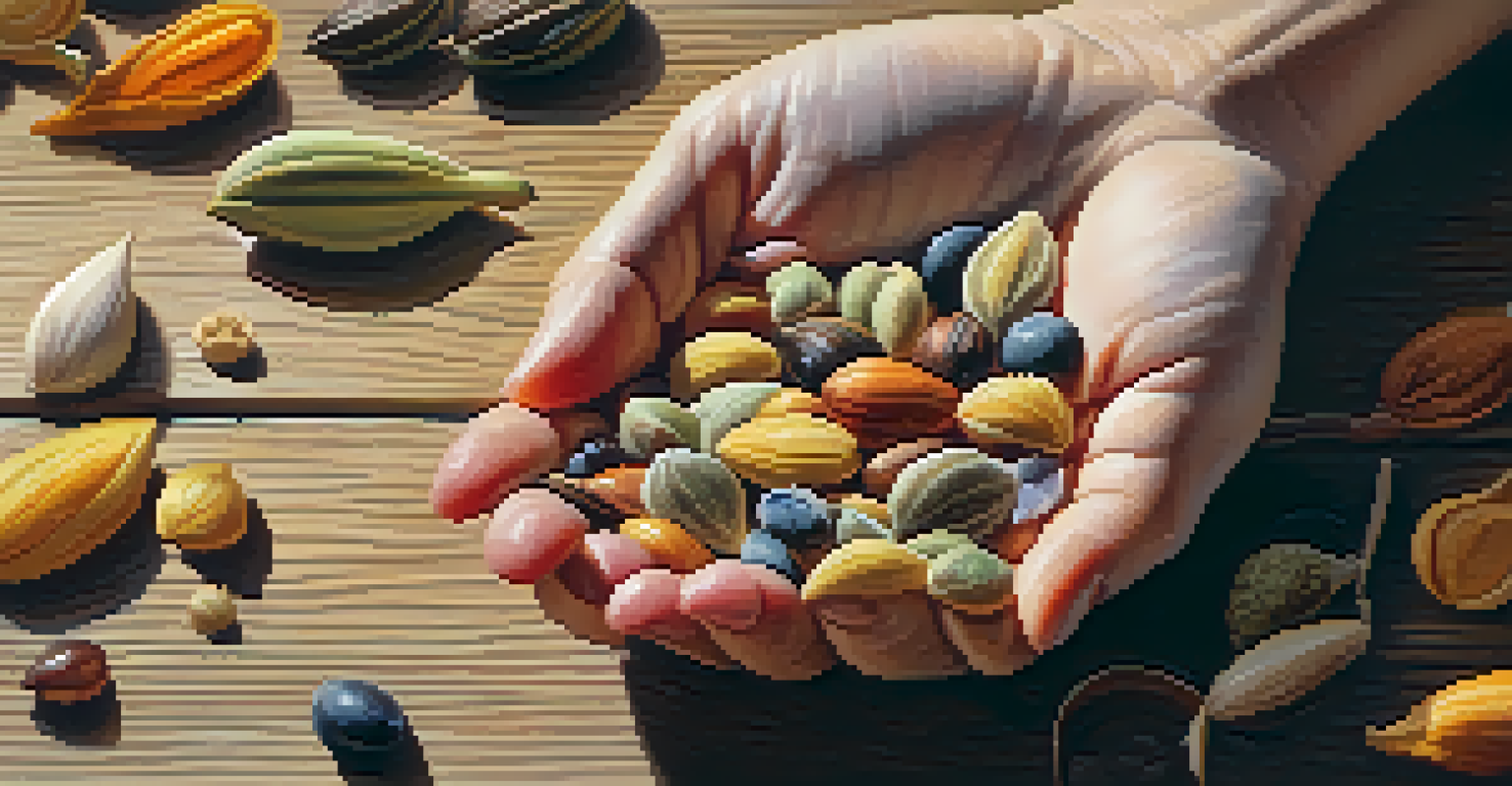 A close-up of a hand holding various seeds, emphasizing their unique shapes and colors, against a rustic wooden surface.