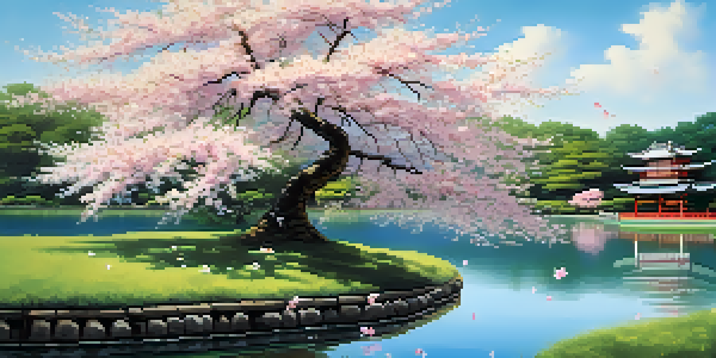 A blooming cherry blossom tree by a tranquil pond, with petals falling and traditional lanterns around.