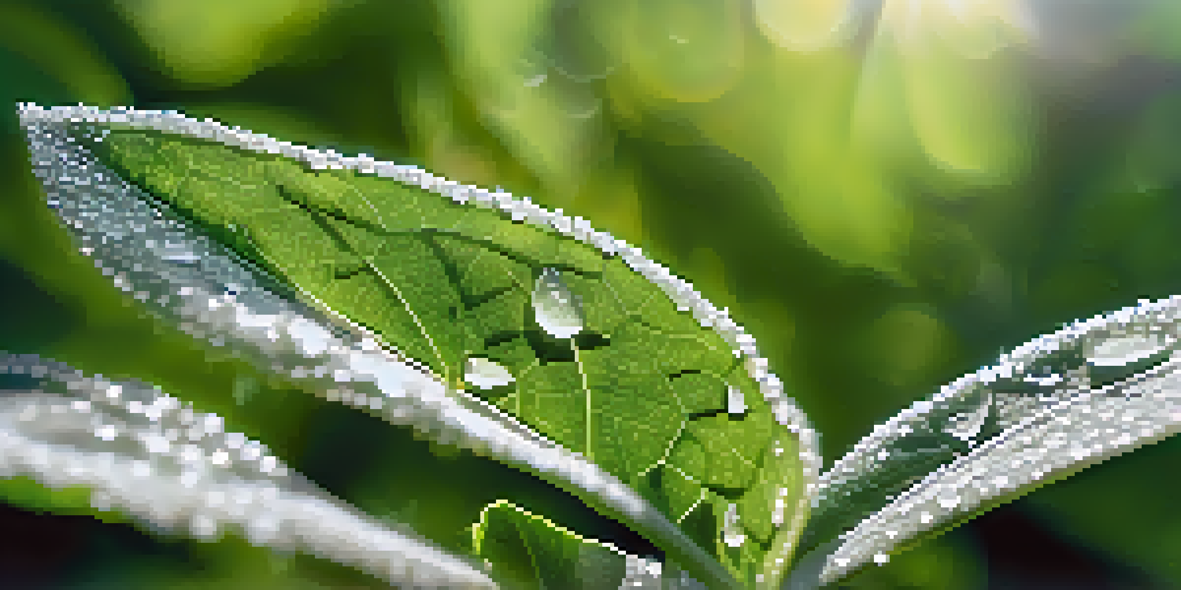 A close-up view of green leaves affected by white powdery mildew, with soft sunlight creating a blurred background.