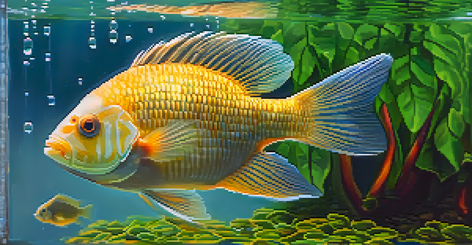 Close-up of tilapia fish in an aquaponics tank, with healthy green plants and sunlight reflections, creating a lively atmosphere.