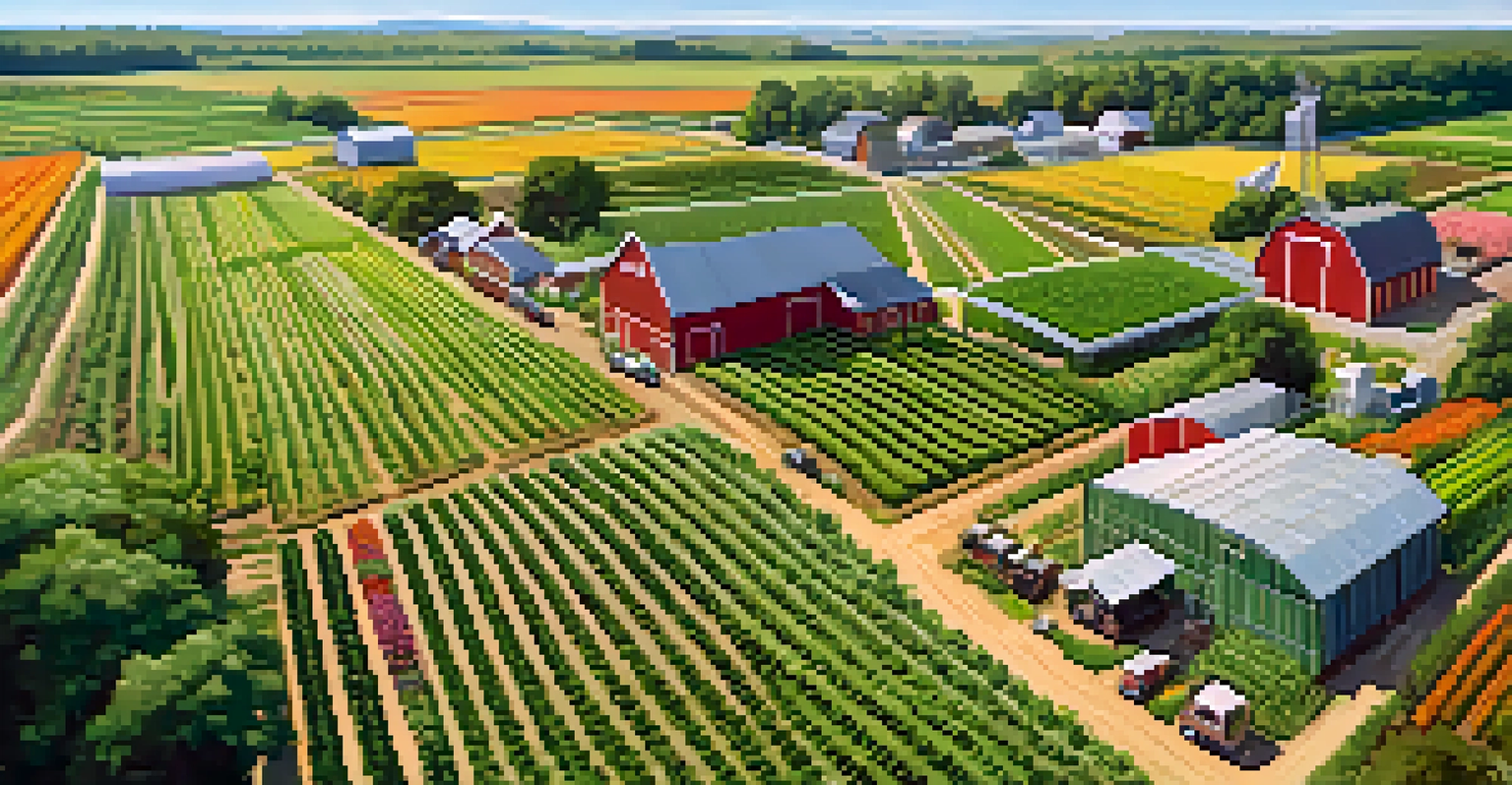 An aerial view of a green CSA farm with organized crop rows and people gathered for a farm tour under a clear blue sky.