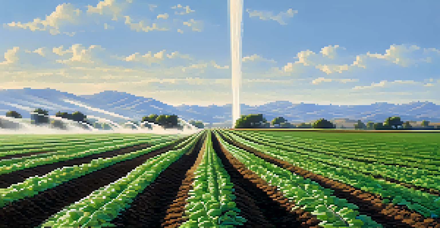 An agricultural field with crops receiving water from a drip irrigation system, with hills in the background.