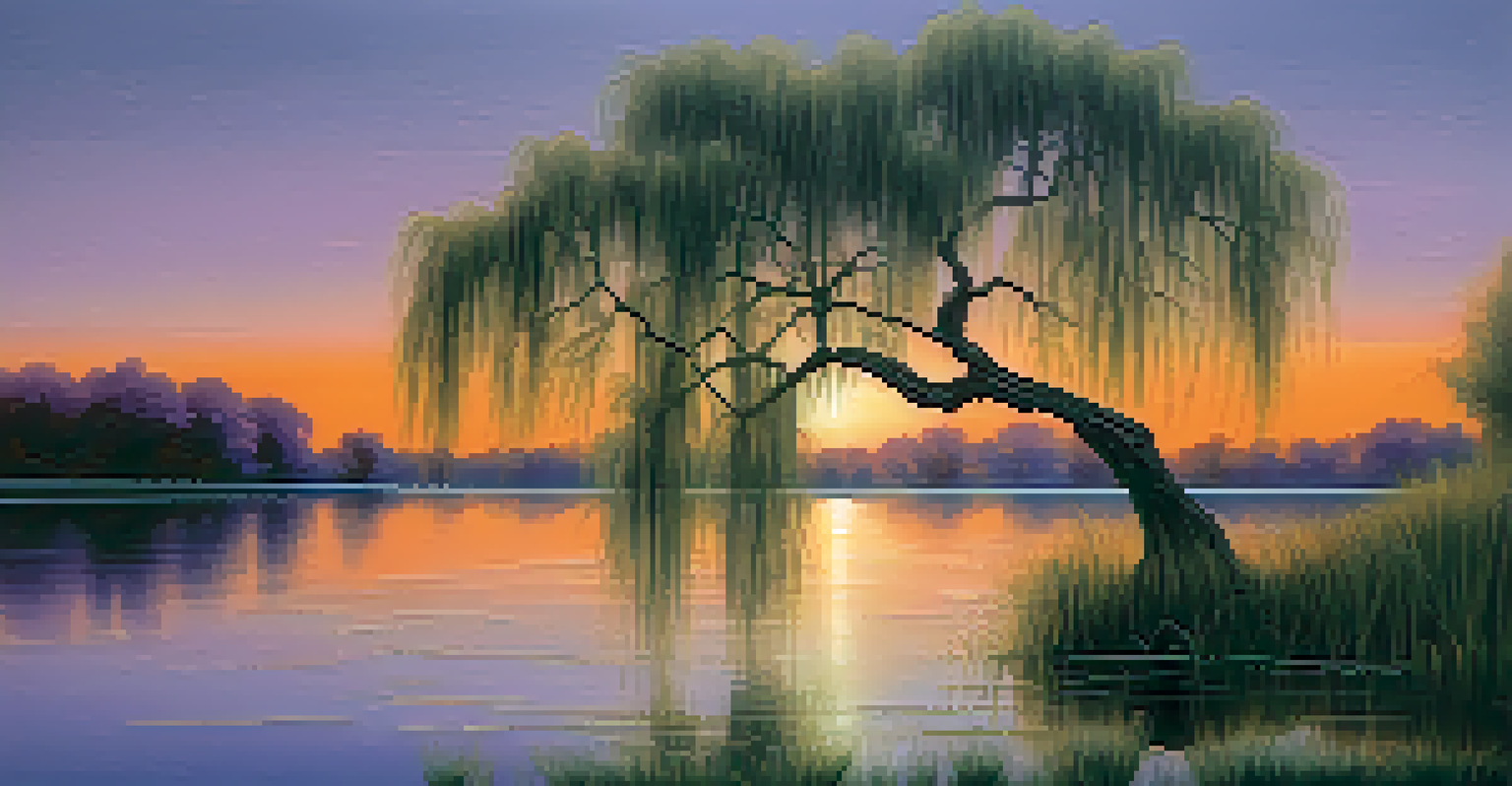 A weeping willow tree beside a calm lake at sunset with colorful reflections.