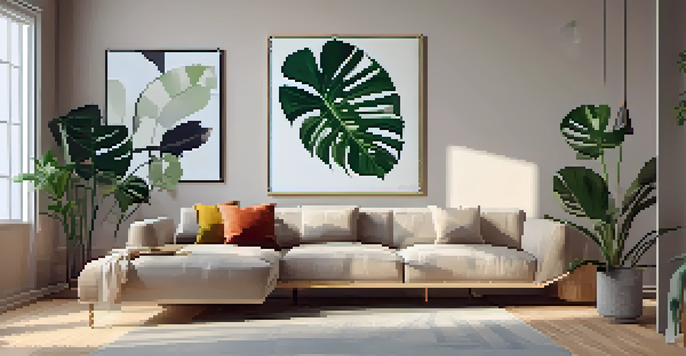 A bright modern living room with a large monstera plant in the corner and minimalist decor, sunlight illuminating the space.