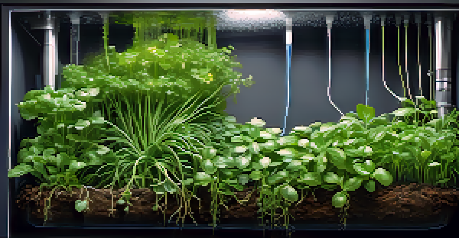 Ebb and Flow hydroponic system in action, featuring herbs and small plants being flooded with water.