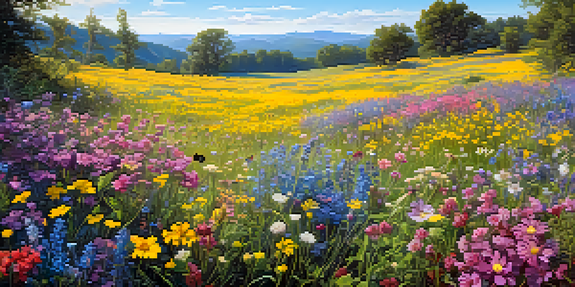 A colorful meadow with various indigenous wildflowers, bees, and butterflies under a clear blue sky.