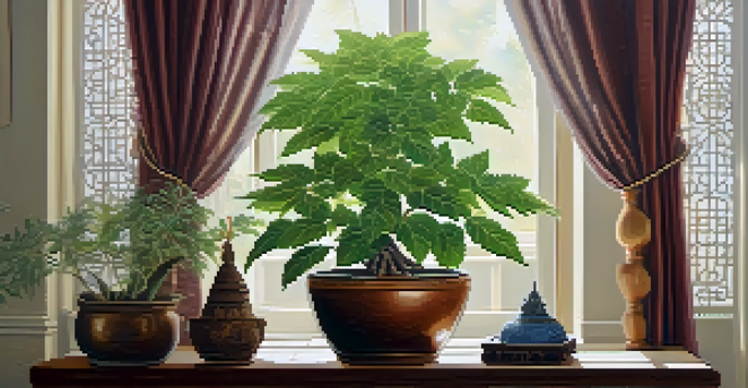 A peaceful indoor setting with a sacred tulsi plant, traditional Hindu artifacts, and soft natural light.