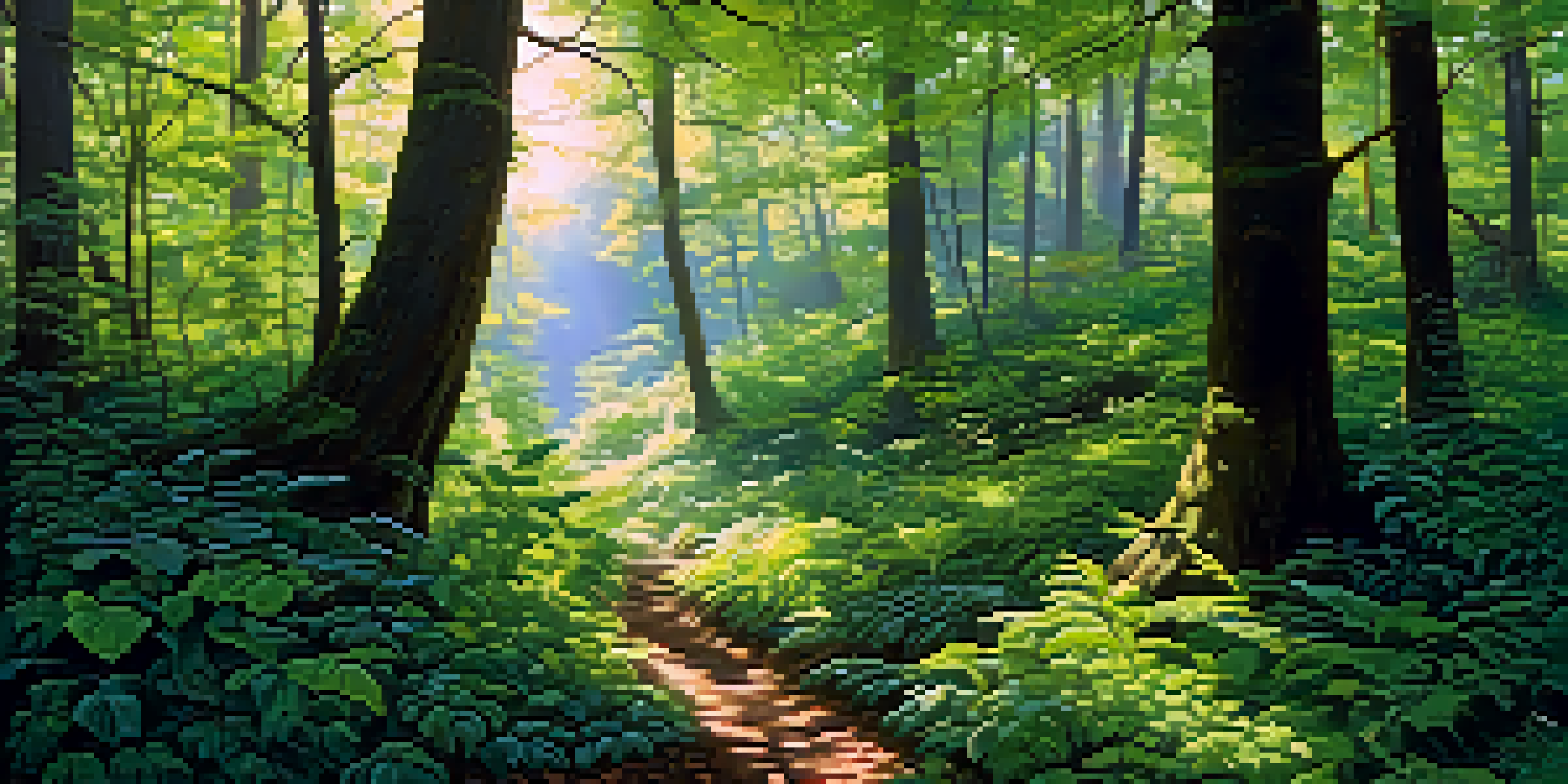 A vibrant forest with diverse trees and undergrowth, sunlight filtering through the leaves, and small wildlife like birds and butterflies.