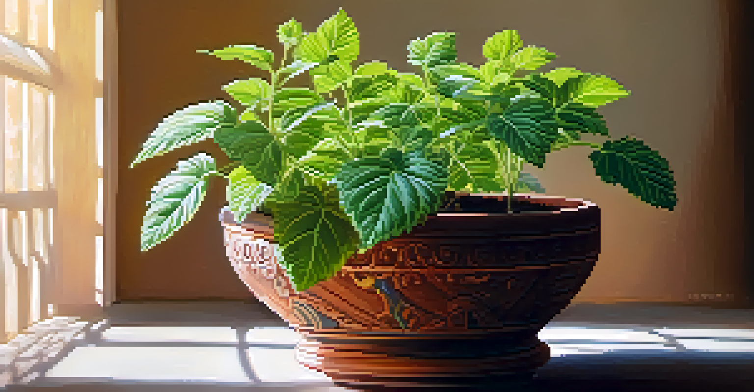 Close-up of a tulsi plant in an earthen pot, illuminated by soft sunlight with detailed green leaves.