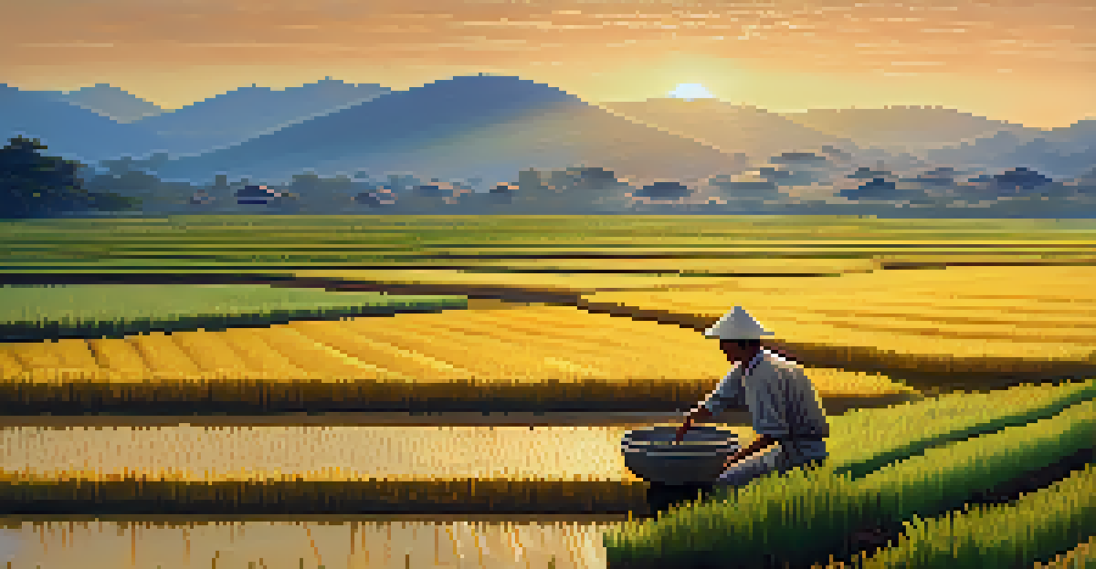 A farmer examining fields of Golden Rice under a sunset sky, showcasing biofortification in agriculture.