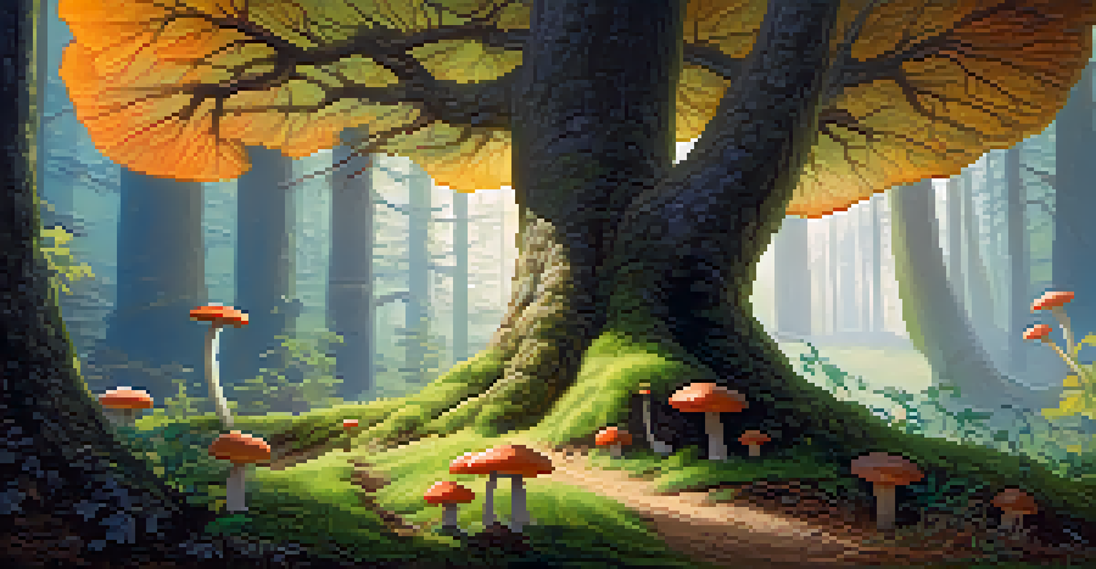 A serene forest scene with colorful mushrooms at the base of an oak tree, highlighting the interaction between fungi and plants.