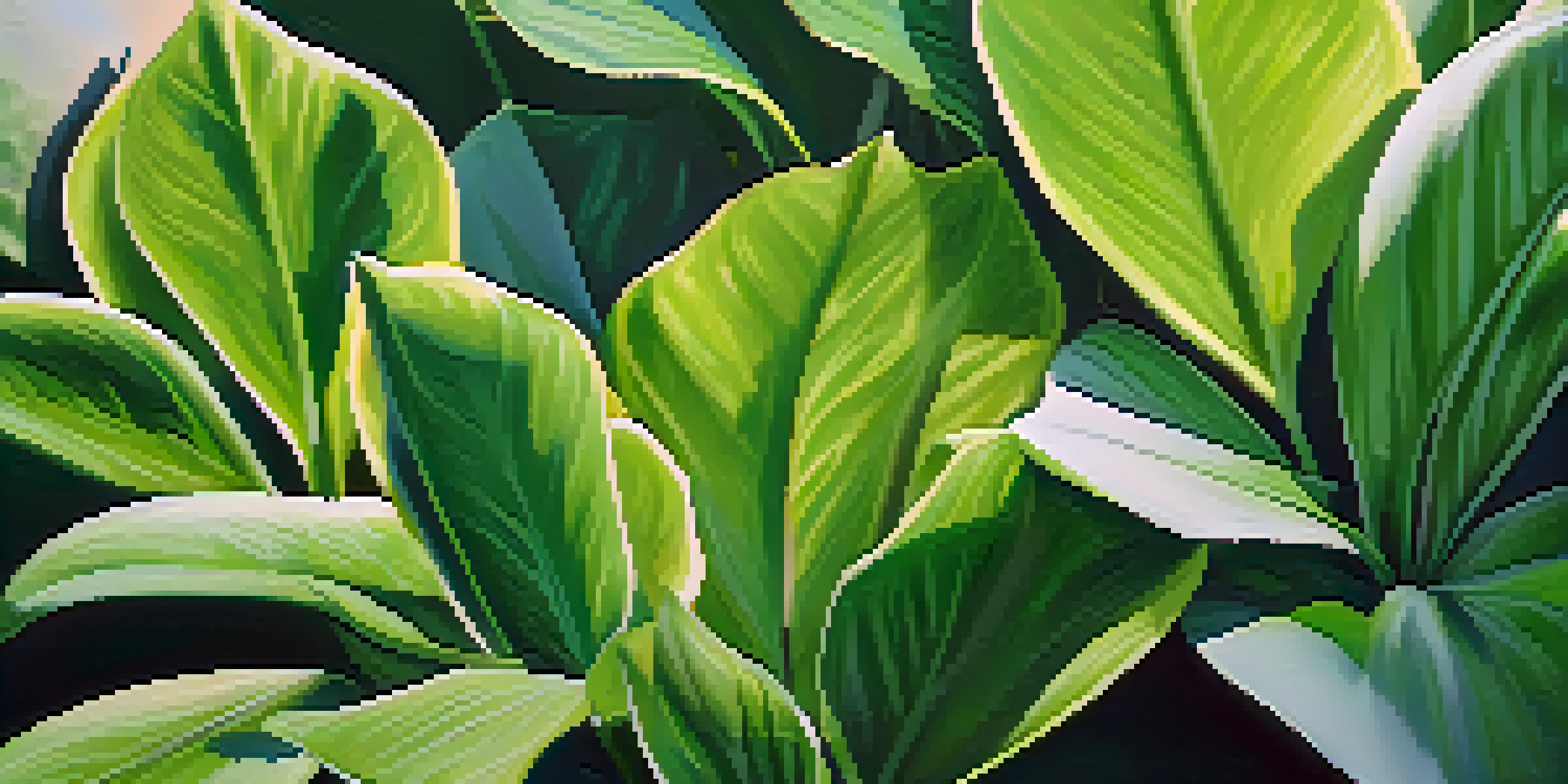 A close-up view of various plant leaves with different shapes and textures illuminated by sunlight.