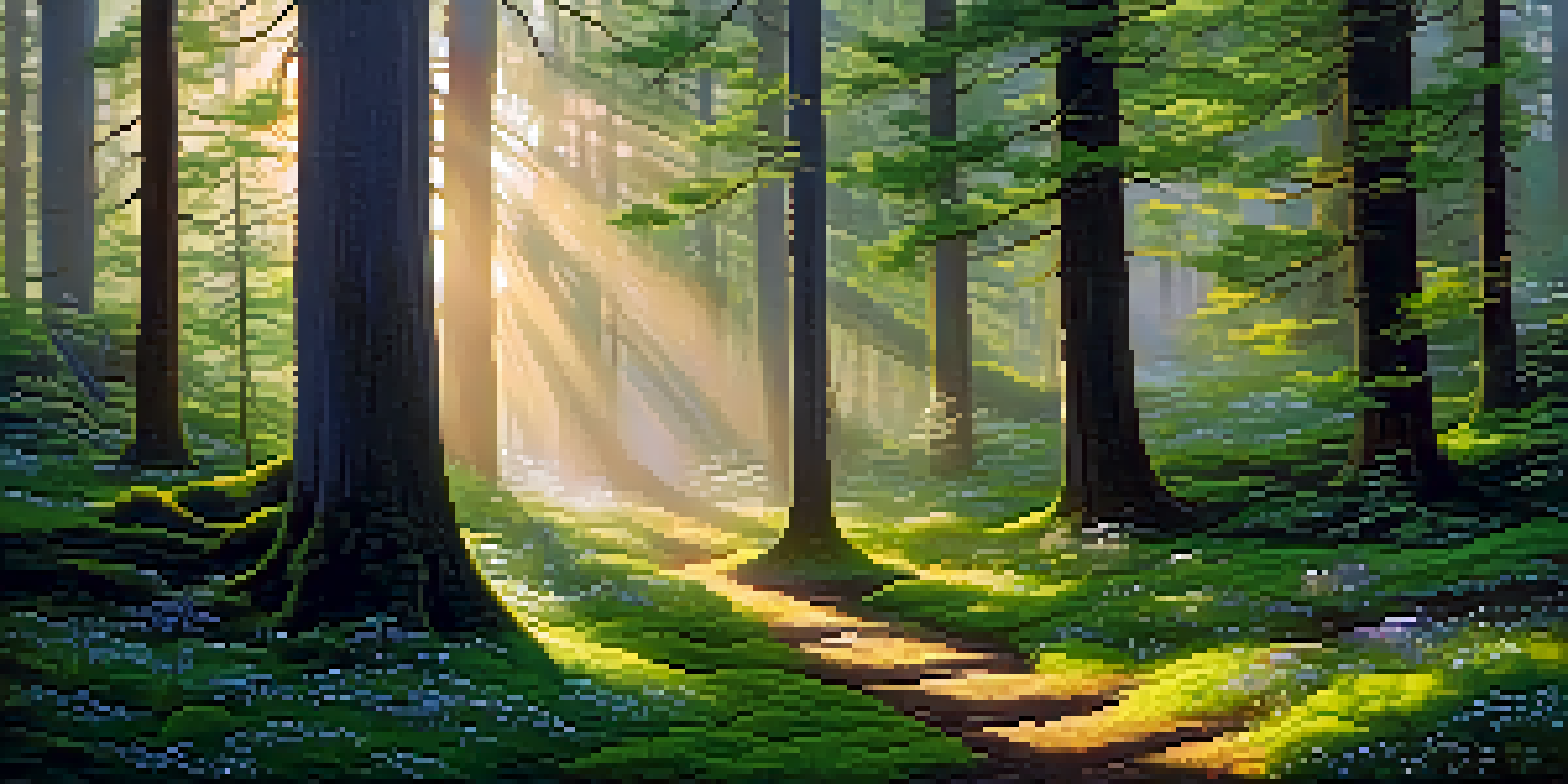 A peaceful forest with tall trees and sunlight streaming through the leaves, illuminating the mossy ground and wildflowers.