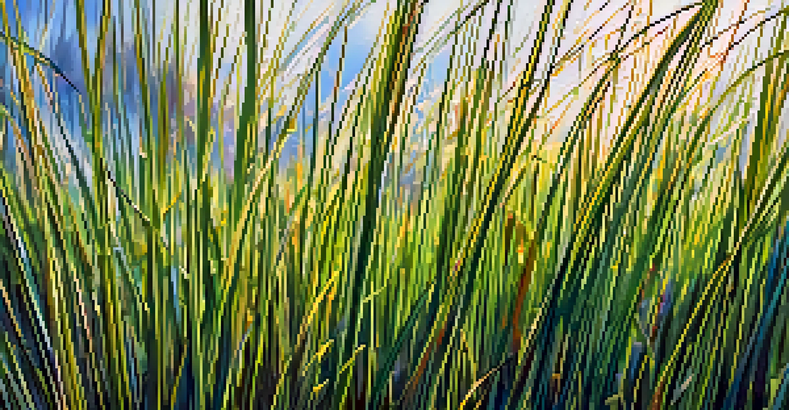 A close-up of Big Bluestem grass showcasing its tall stalks and visible root system, illuminated by soft sunlight.