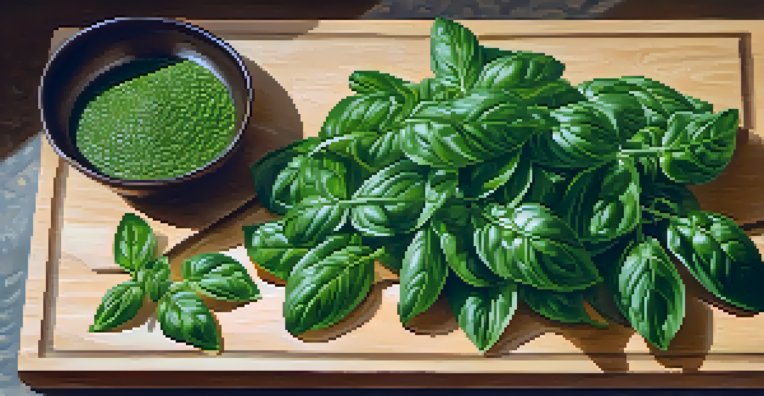 Close-up of freshly harvested basil leaves on a wooden cutting board, accompanied by scissors and a bowl of olive oil.
