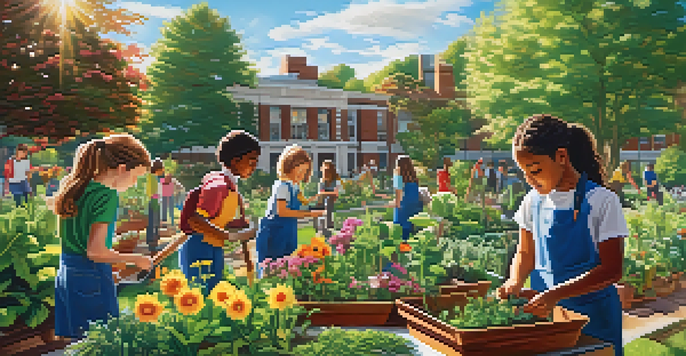 Students of different ethnicities working together in a colorful school garden, planting seeds and watering plants under bright sunlight.