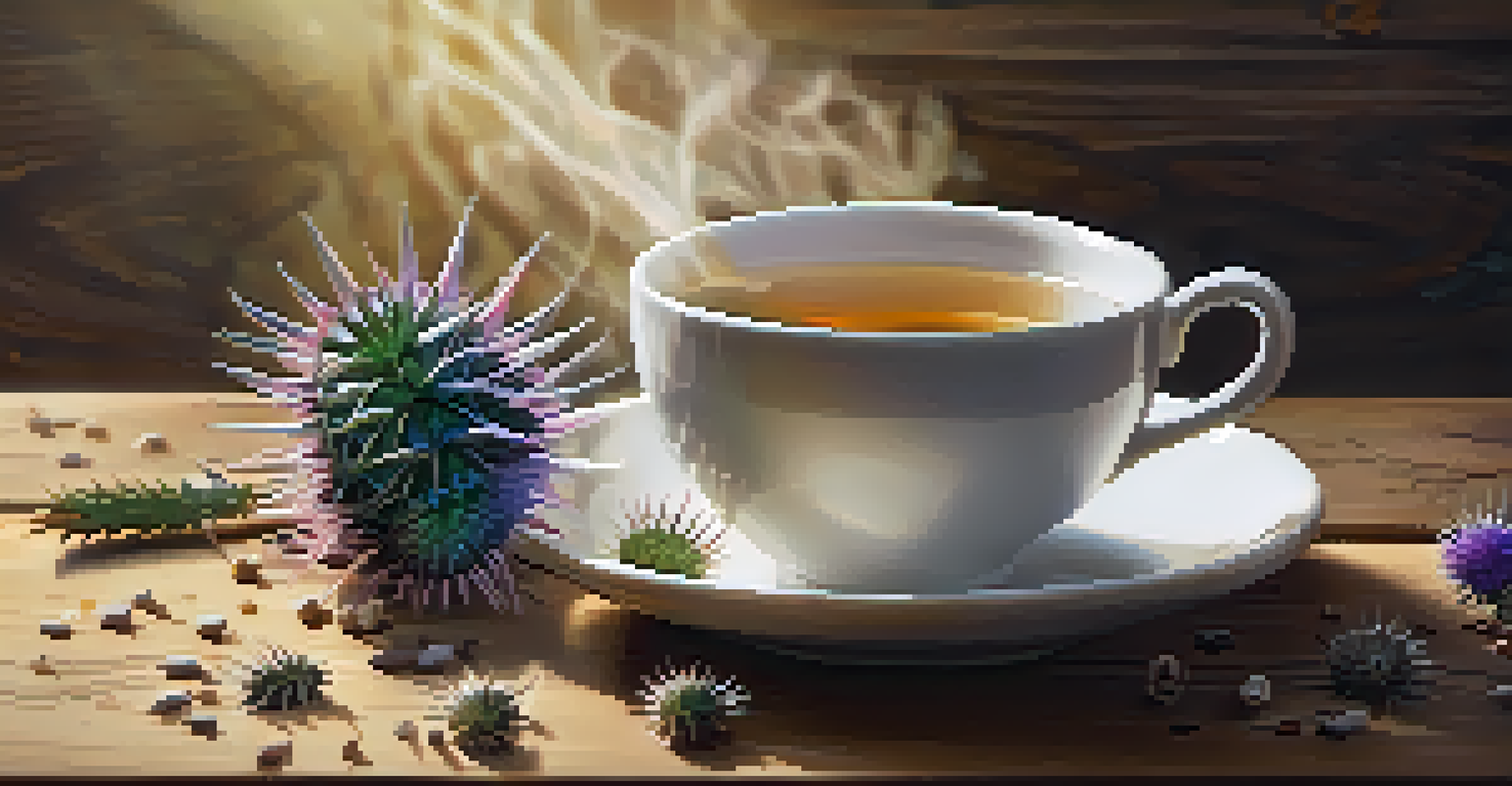 A glass cup of steaming milk thistle tea on a wooden table, with dried seeds and a fresh sprig nearby.