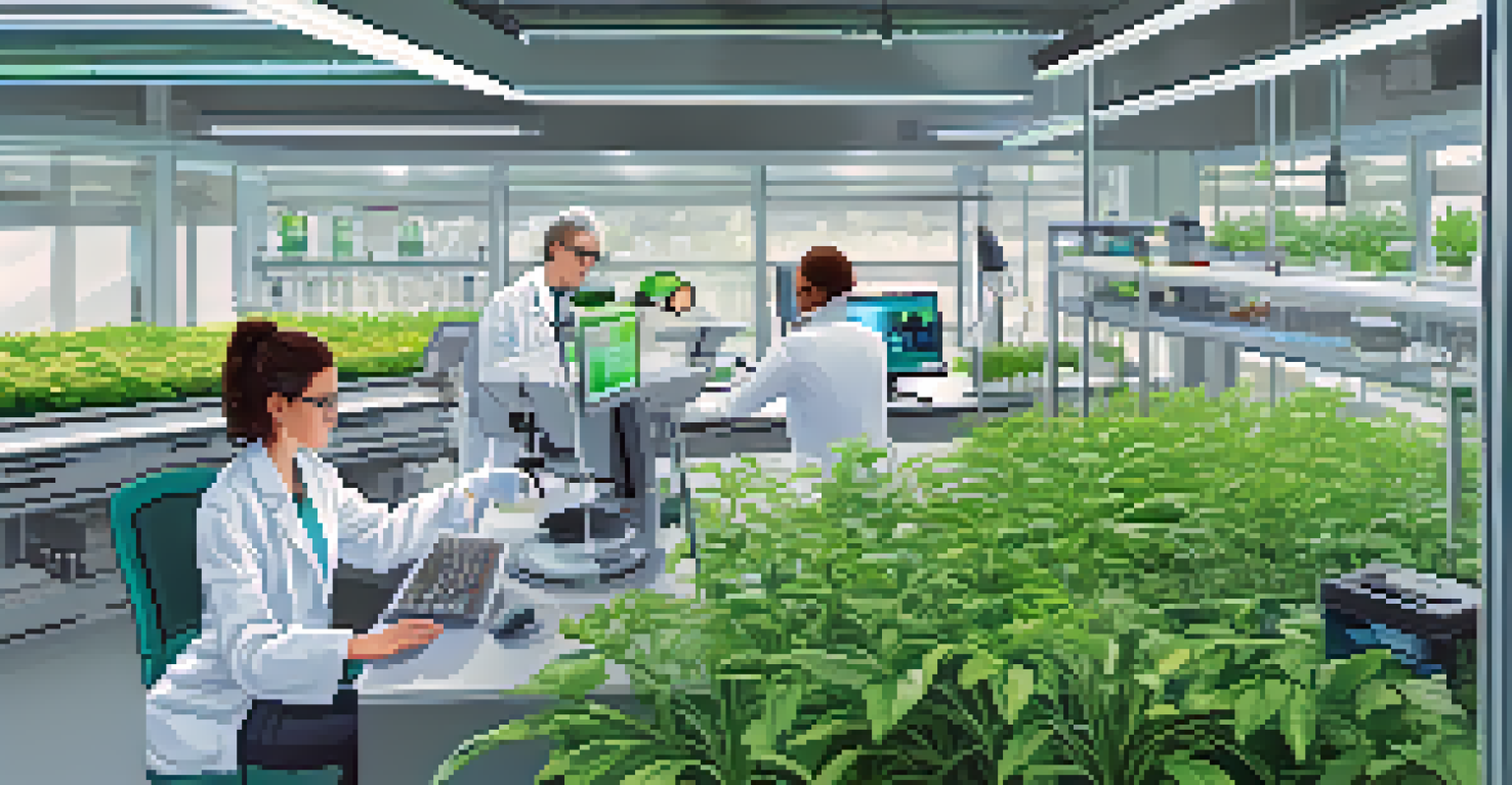 A laboratory where scientists are studying plants and genetic data, representing the future of plant breeding and genetics.