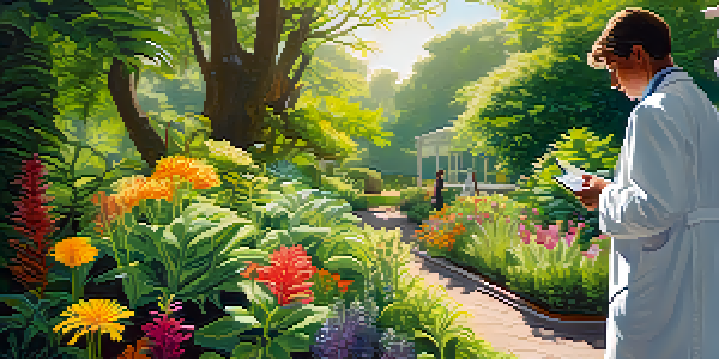 A peaceful botanical garden with diverse medicinal plants and a researcher studying a plant with a magnifying glass.