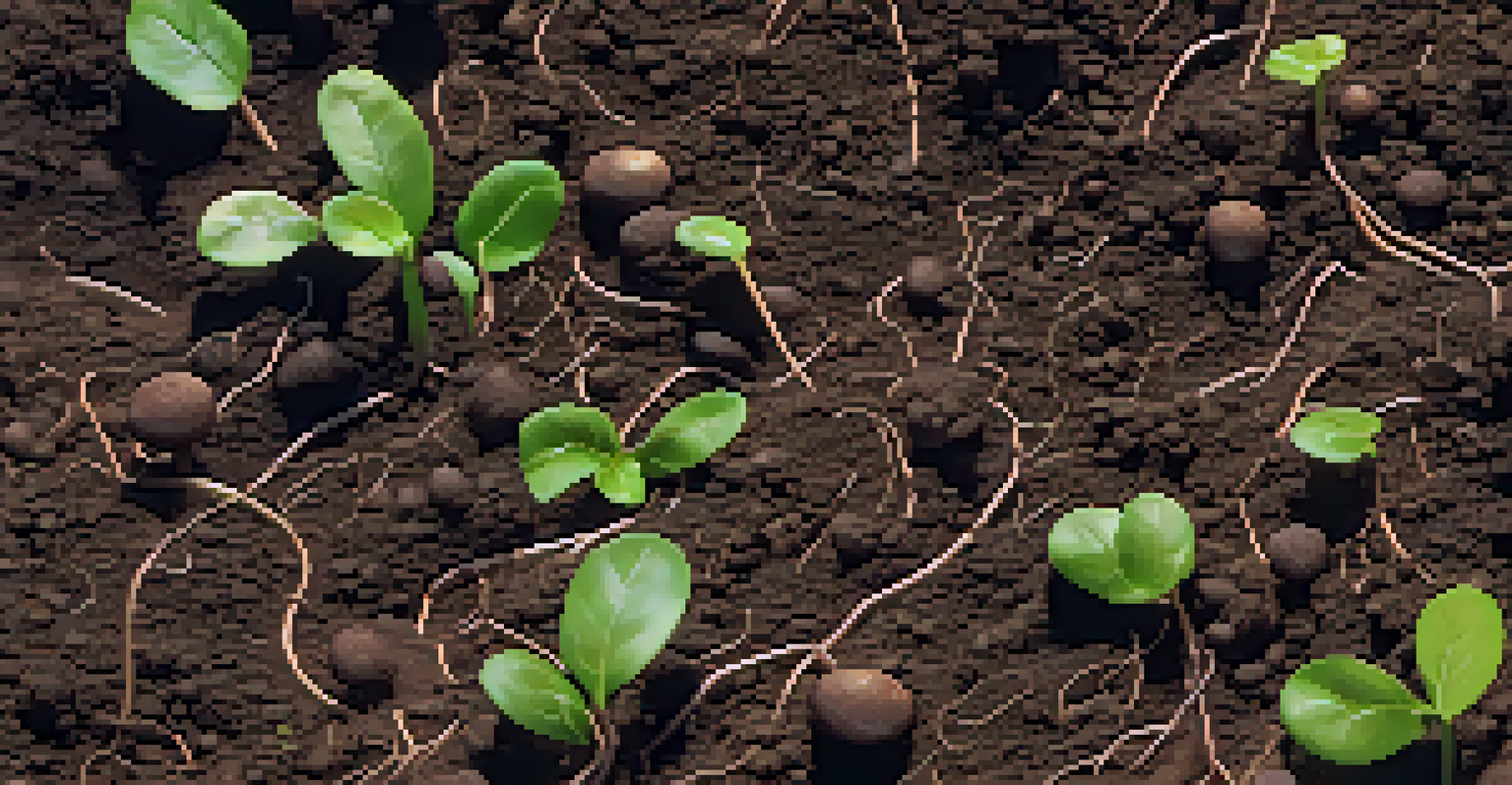A close-up of healthy soil with plant roots and insects, showcasing the textures and colors of the earth.