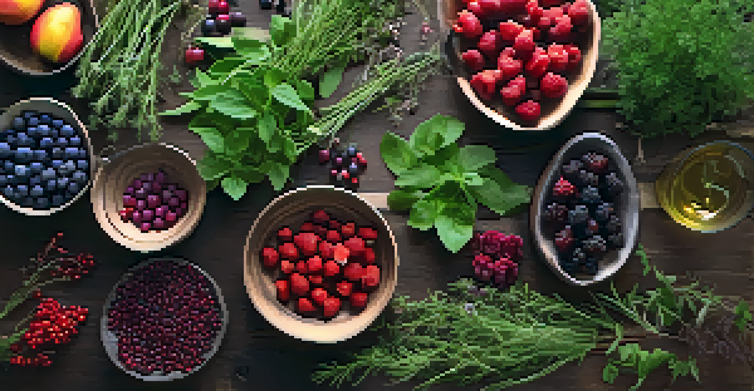 A rustic wooden table displaying an assortment of freshly foraged wild herbs and berries, with a field guide opened beside them.