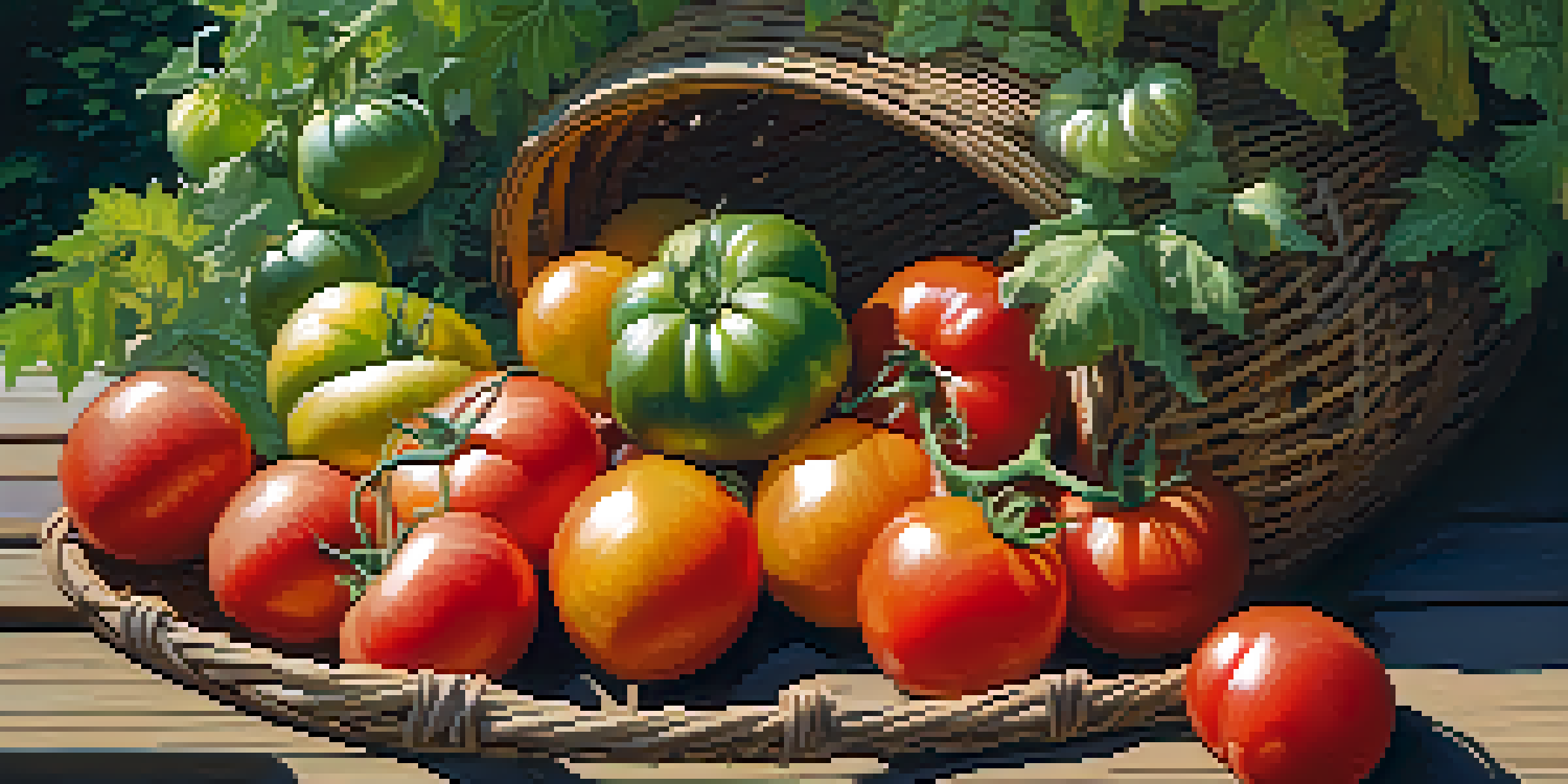 A colorful garden filled with various types of tomatoes and a basket of freshly picked tomatoes.