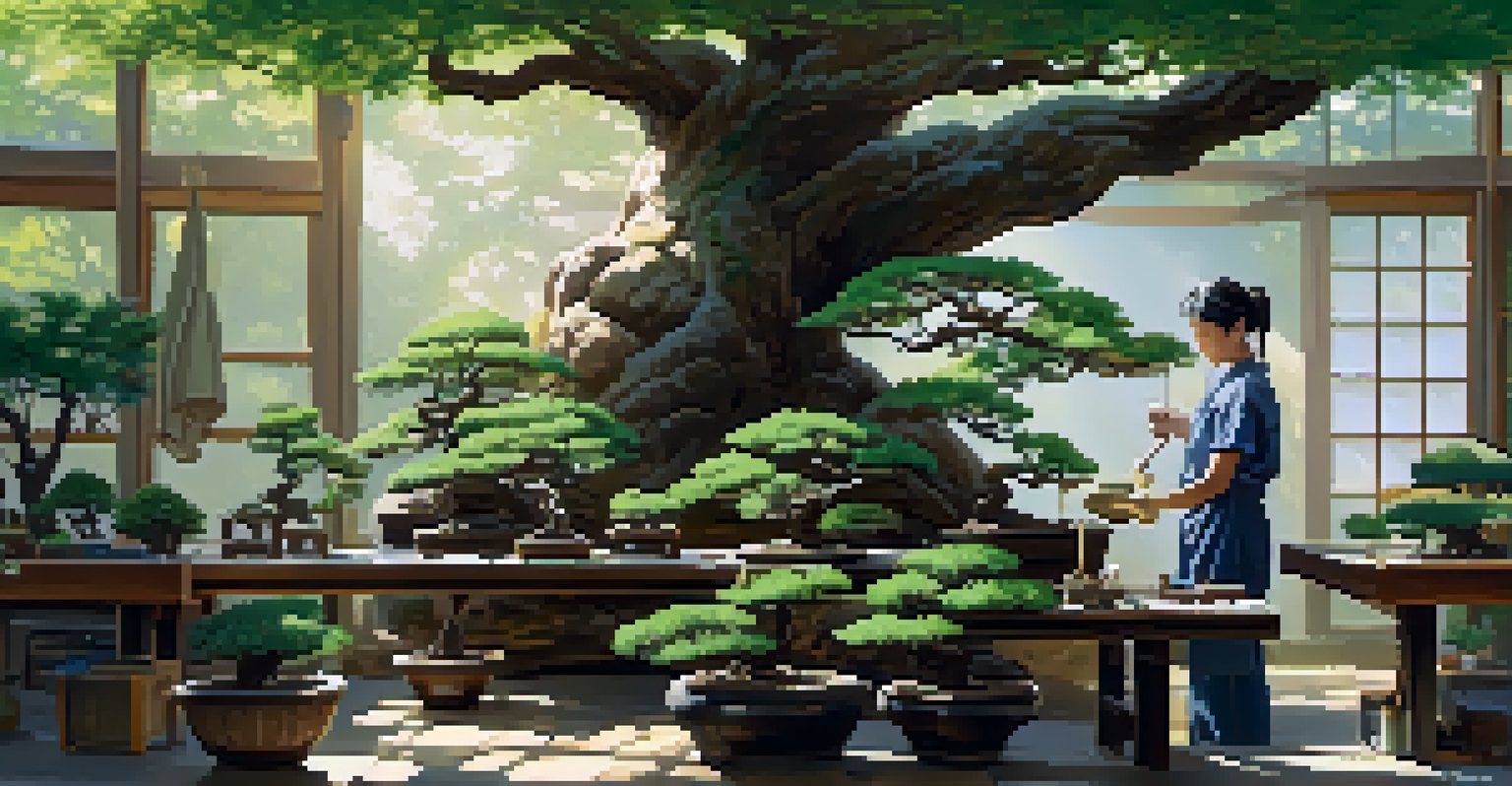 An outdoor bonsai workshop featuring several trees, a workbench with tools and soil mixtures, and a gardener inspecting a bonsai, all under dappled sunlight.