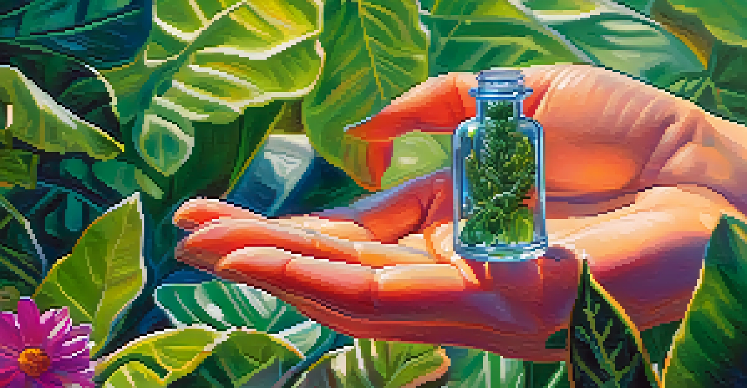 A close-up of a hand holding a vial of plant-based serum with a backdrop of green leaves and colorful flowers.