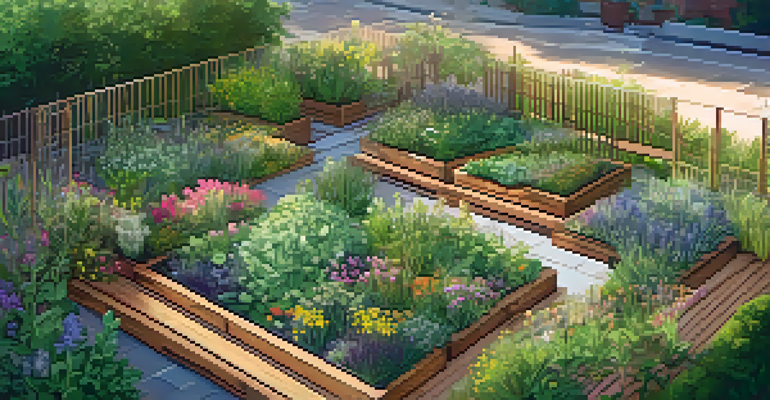An aerial view of a lush organic garden bed with herbs and flowers, featuring a wooden path and a sign that reads 'Organic Garden'.