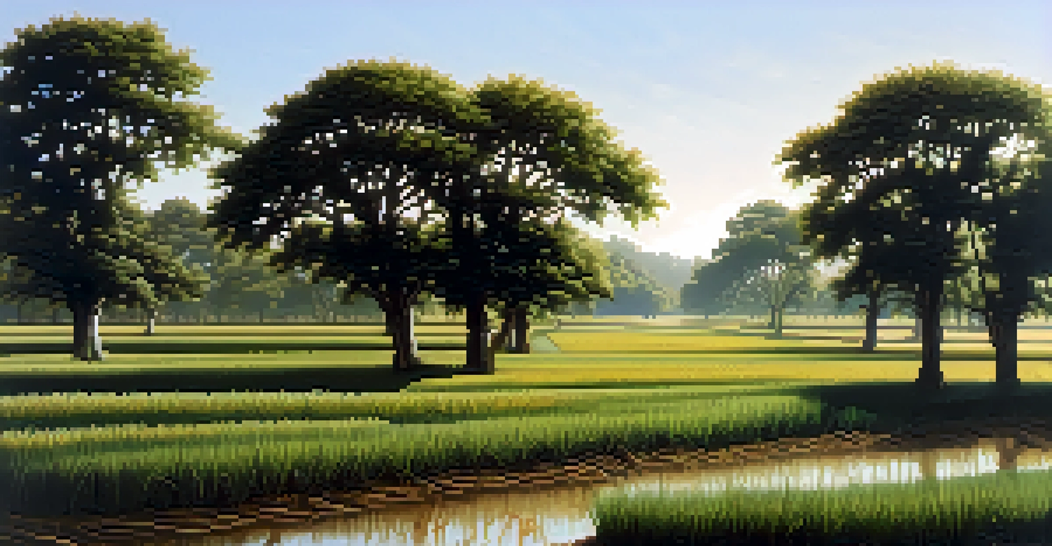 Tree-lined crop fields under soft sunlight, showcasing water management in agroforestry.
