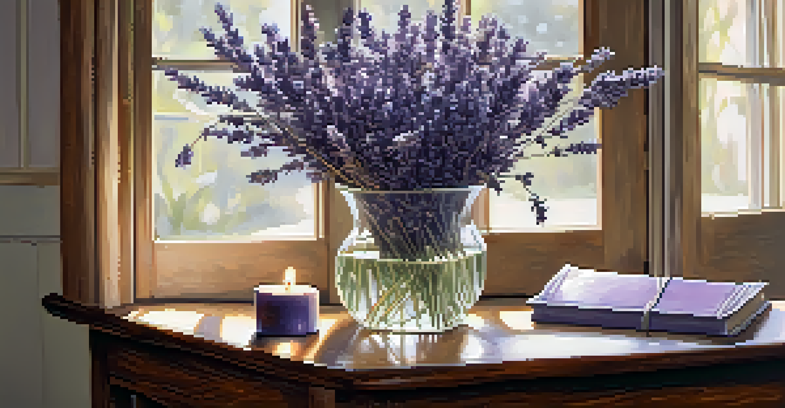 A rustic vase filled with fresh lavender on a wooden table, with soft morning light and a lavender candle nearby.