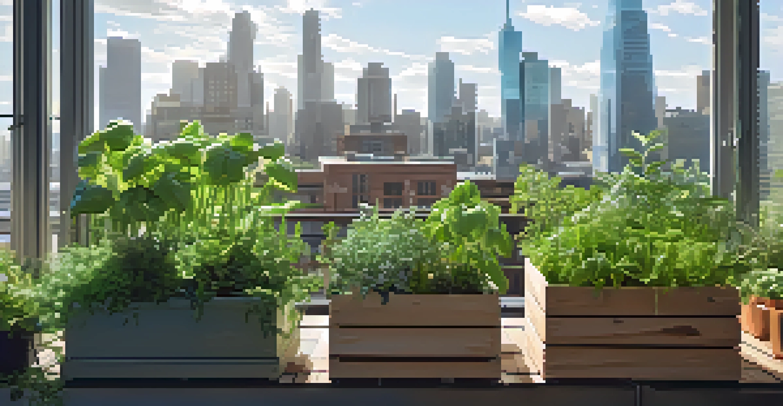 A rooftop garden filled with lush greenery and vegetables, overlooking a city skyline with soft sunlight filtering through the plants.